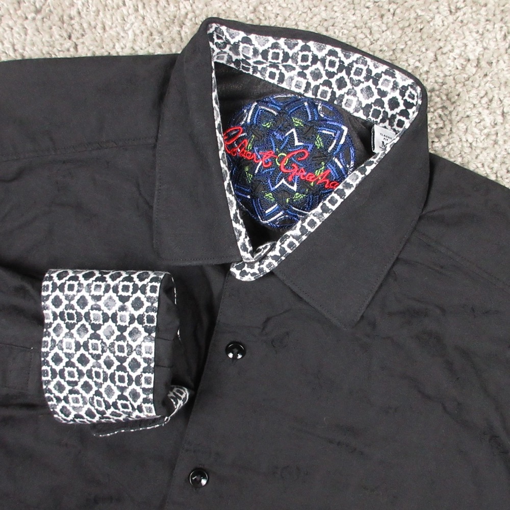 Robert Graham Shirt Mens Medium Black Classic Fit Jacquard Flip Cuff Button Up